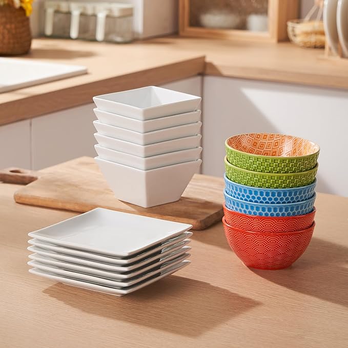 Appetizer Plates Set of 6, 6 Inch Porcelain Dessert Plates, White Stackable Square Salad Plates for Snack Steak Bread Butter, Chip and Scratch Resistant, Microwave and Dishwasher Safe