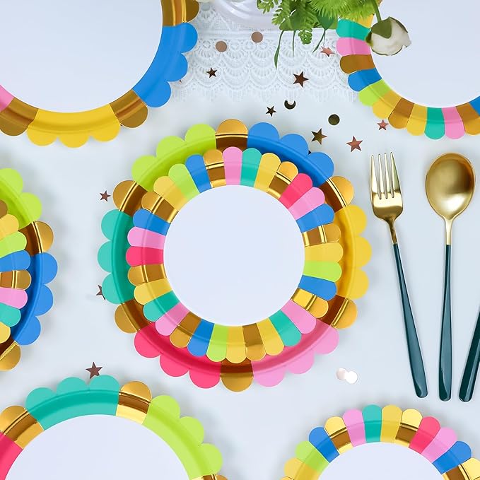 Scalloped Paper Plates 100pk, Disposable Party Plates with 50pk Dinner Plates & 50pk Dessert Plates, Gold Foil Paper Plates for Party Wedding Birthday Anniversary and Engagement Party Decorations