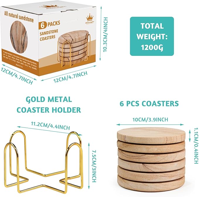Natural Sandstone Coasters Set of 6 with Holder, 4 in Dia, Round, Heat Resistant & Absorbent, for Home & Office