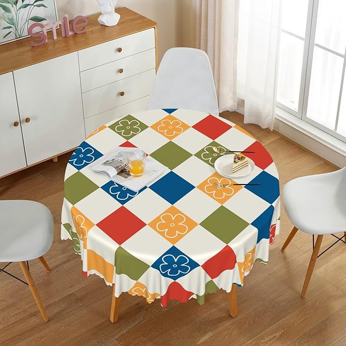 Laeacco 36 Inch Plaid Round Tablecloth Colorful Buffalo Plaid Flower Modern Geometric Abstract Art Print Table Cloth Washable Waterproof Wrinkle Free Table Cover for Kitchen Dining Picnic Party Decor