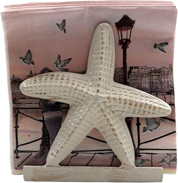 Nautical Metal Napkin Holder for Lunch/Dinner/Beverage Cocktail Napkin Holder For Kitchen/Ocean/Coastal By The Metal Magician (Starfish Sea White)