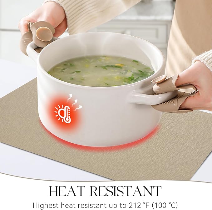 MOSAYT Vinyl Placemats Set of 6, Heat Resistant Place Mats 100% Waterproof Washable & Wipeable Faux Leather Reversible Table Mats for Kitchen Dining Party Indoor Outdoor, 12" x 17", Black/Khaki