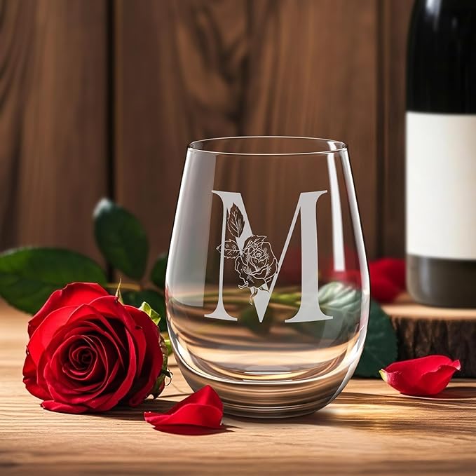 Valentines Day Gifts for Her, Gifts for Women Her Friend Mom Grandma Wife Sister Bridesmaid Nurse, Birthday Galentines Mothers Day Christmas, Personalized Initial Customized Wine Glasses 18OZ(M)