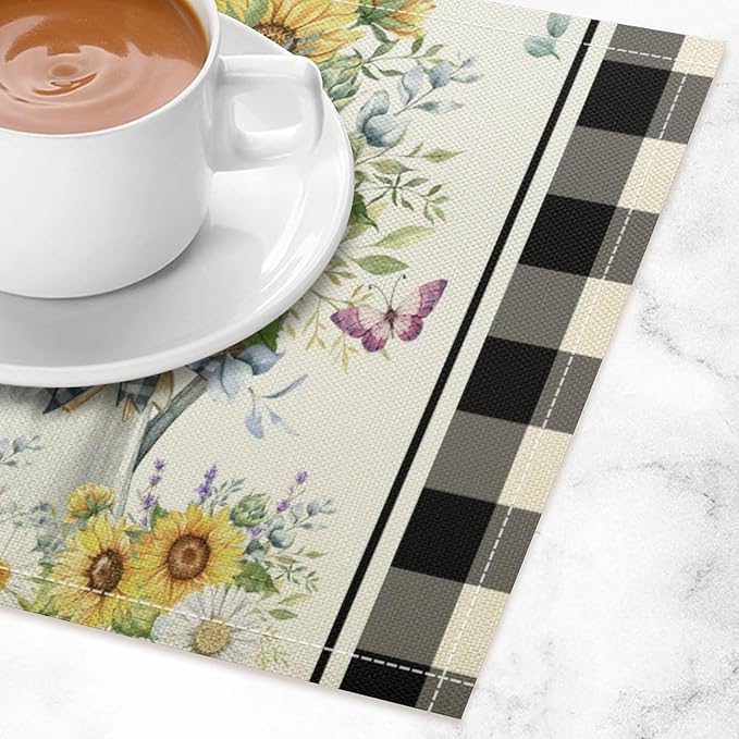 Vintage Sunflower Theme Placemat Set, Rustic Farmhouse Vivid Lavender Floral Butterflly Black White Check Pattern Home Decor Linen Table Mats for Dining Room Kitchen Party (17x12in) x4P
