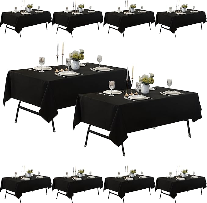 10-Pack 60x144 inch Black Table Cloths, Solid Stain and Wrinkle Resistant Oblong Tablecloth, Premium Plain Weave Polyester Fabric Rectangle Table Linen Covers for Hotel, Banquet