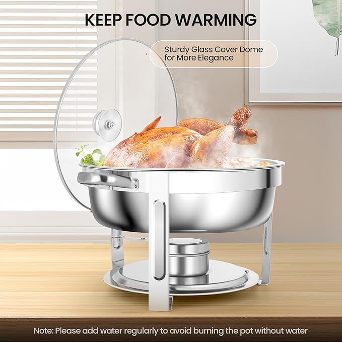 Rengue 6QT Chafing Dishes for Buffet, 4 Pack Stainless Steel Round Chafing Dish Buffet Set, Heating and Cooling Buffet Servers and Warmers, Food Warmers for Parties Buffet,Gatherings,Banquets,Weddings