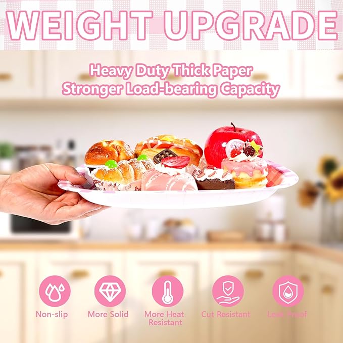 50Pcs Pink Gingham Oval Paper Plates 10" x 12" Large Disposable 400GSM Heavy DutyPink and White Buffalo Checked Plaid Dessert Plates for BBQ Picnic Birthday Summer Dinner Party Supplies Decorations