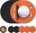 Myir JUN Round Placemats Set of 6 Faux Leather Place Mats and Coasters 15 inch Round Table Mats Dual Sided Non-Slip Stain Resistant Placemats (Black & Orange, Set of 6)