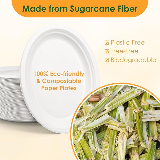 Disposable Oval Paper Plates, 100Pack 12.5inch Biodegradable Large, Compostable Heavy Duty Bagasse Platters Eco-Friendly Sugarcane Plates for BBQ, Party, Picnic - White