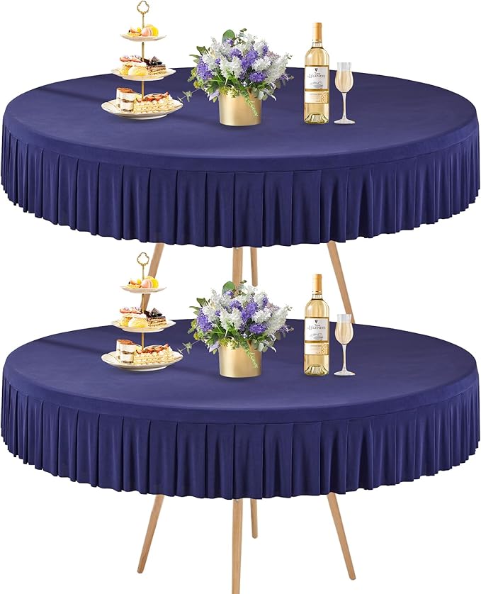 2 Pack Navy Blue Spandex Round Tablecloths for 60 Inch Tables, Stretchy Fitted 5FT Cloths, Wrinkle-Free Cover With Skirt for Wedding, Party, Dining, Banquet