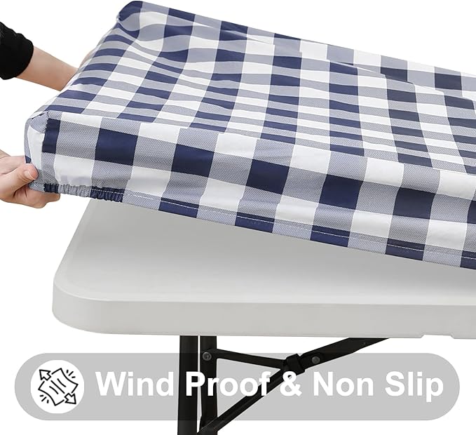 Smiry Rectangle Picnic Table Cloth, Elastic Waterproof Fitted Vinyl Tablecloths, Flannel Backed Buffalo Plaid Table Covers for Dining, Camping, Outdoor (White and Navy, 30" x 72")