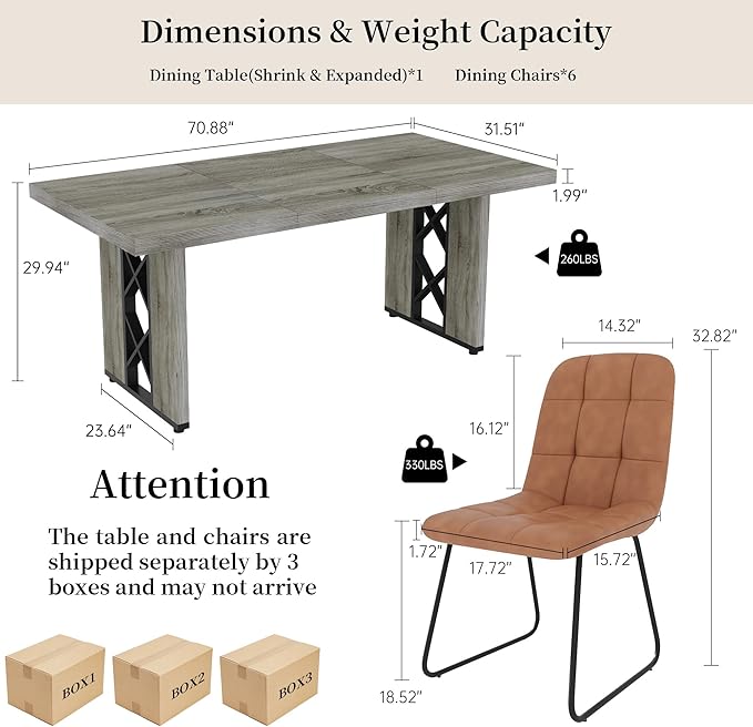 7-Piece Dining Table Set for 6 People, 70.8" MDF Kitchen Table with 6 Upholstered Chairs, Space-Saving for Dining Room, Breakfast Nook(Grey Table+6 Brown Chairs)