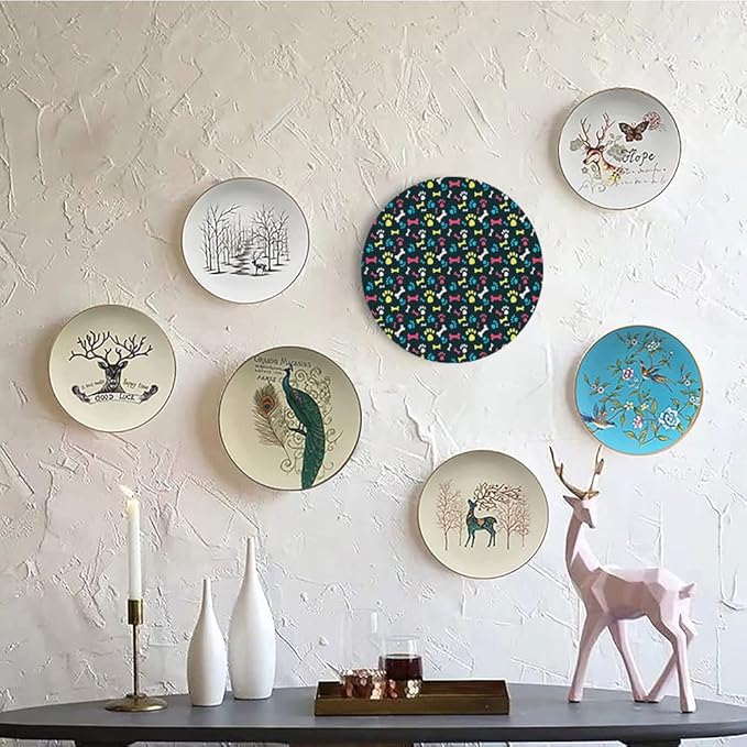 Decorative Plates, Dog Lover Print Ornament, Cool Canine Elements Paw Marks and Bones, 10 Inch, 1 Plate with 1 Display Stand, Multicolor