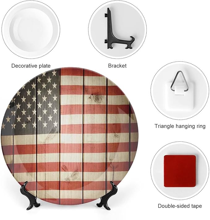 Ceramic Display Plate, American Flag Decor Ceramic Hanging Decorative Plate, USA Flag Over Vertical Striped Wooden Board, 10 Inch, Living Room Kitchen Decoration Household, Blue Red
