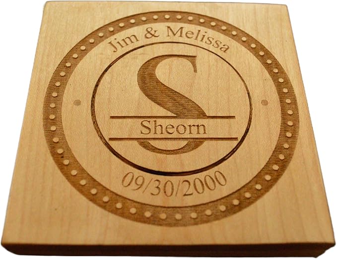 Personalized Wooden Coasters with Monogram, Wedding Date Engraved, Family Name- Choice of Wood (Split Letter Monogram)