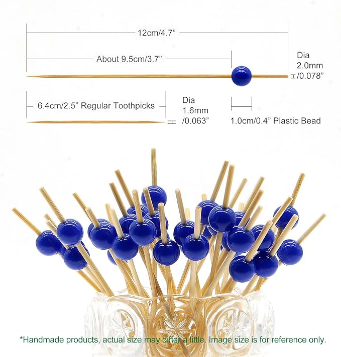 Minisland Navy Blue Pearl Cocktail Picks, 4.7 Inch Long Bamboo Fancy Toothpicks for Appetizers, Decorative Independence Day Party Food Drink Garnish Fruit Kabob Skewer Sticks 100 Counts - MSL450