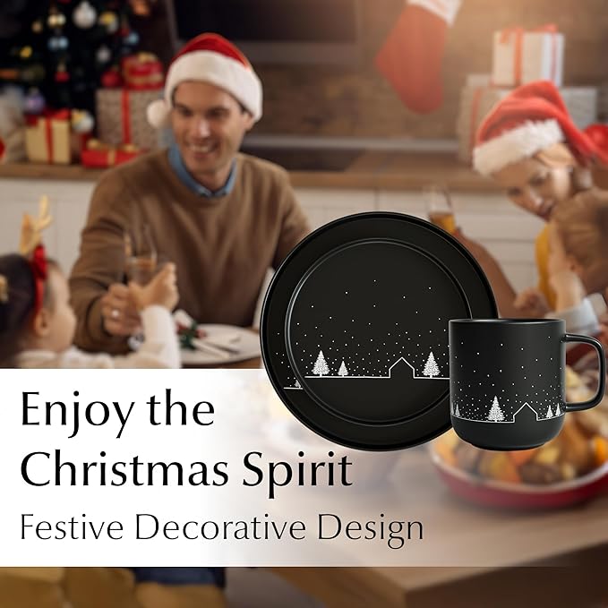 MIAMIO – Christmas Dinnerware Set 12-Piece/Christmas Plates Set with Mugs in minimalist holiday design (Service for 4) / Dishwasher and Microwave Safe – Vinter Collection