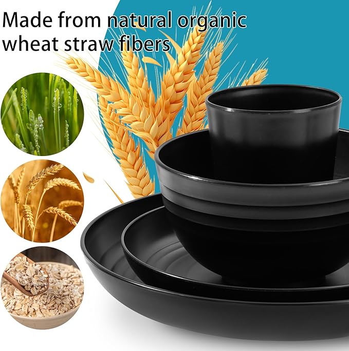 Supernal Wheat Straw Dinnerware Sets,Plates and Bowls Set, Dish Sets for 8, Unbreakable Plate for 8 Dishwasher Safe,Reusable Dinnerware Black-16pcs Plates, 8pcs Bowls, 8pcs Cups.