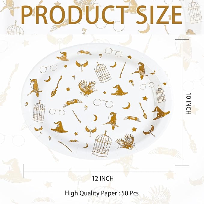 50Pcs Magical Oval Paper Plates 10" x 12" Large Disposable Heavy Duty Golden Wizard Theme Paper Platters Fantasy Magic Dessert Plates for Boy Girl Magical Wizard Themed Birthday Party Supplies