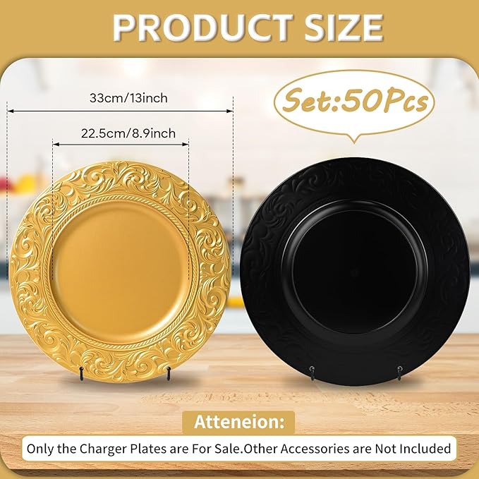 PROY Antique Charger Plates Set, 50 Pcs 13in Plastic Embossed Gold Chargers for Dinner Plates, Round Floral Gold Chargers for Table Setting, Wedding, Party, Event