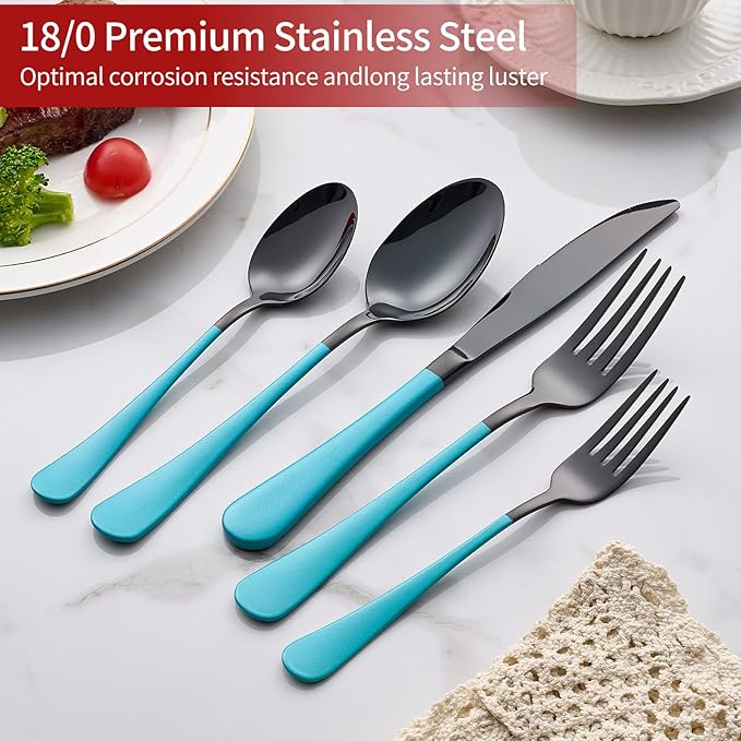 20-Piece Lake Blue Silverware Set 18/0 Stainless Steel Black Silverware Set Lake Blue Handle Cutlery Black Set Service for 4 Dinner Knives Forks Spoons Flatware Set Dishwasher Safe