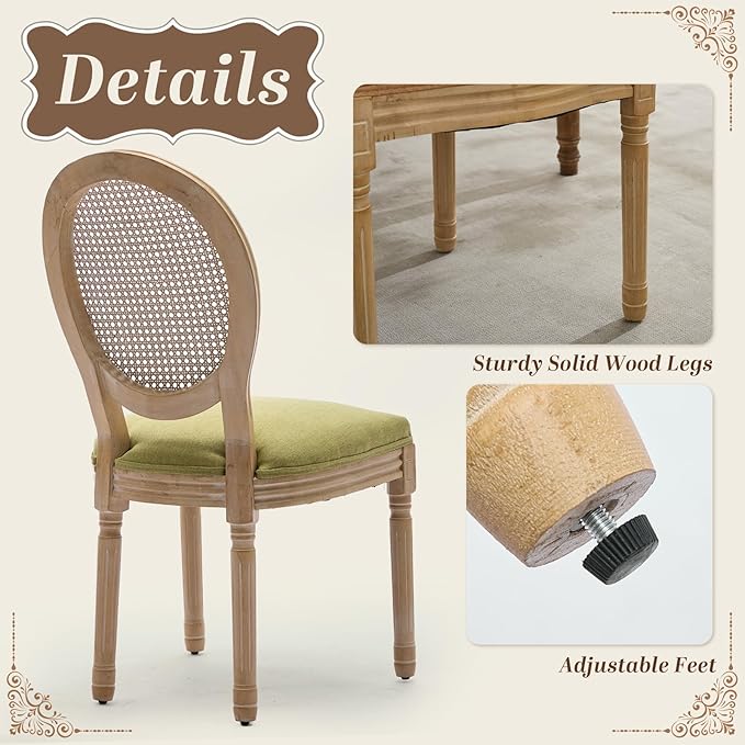 SoarFlash French Dining Chairs Set of 4, Vantage Dining Chair with Round Back, Wood Leg Farmhouse Country Rattan Dining Chair for Kitchen,Bedroom,Olive Green