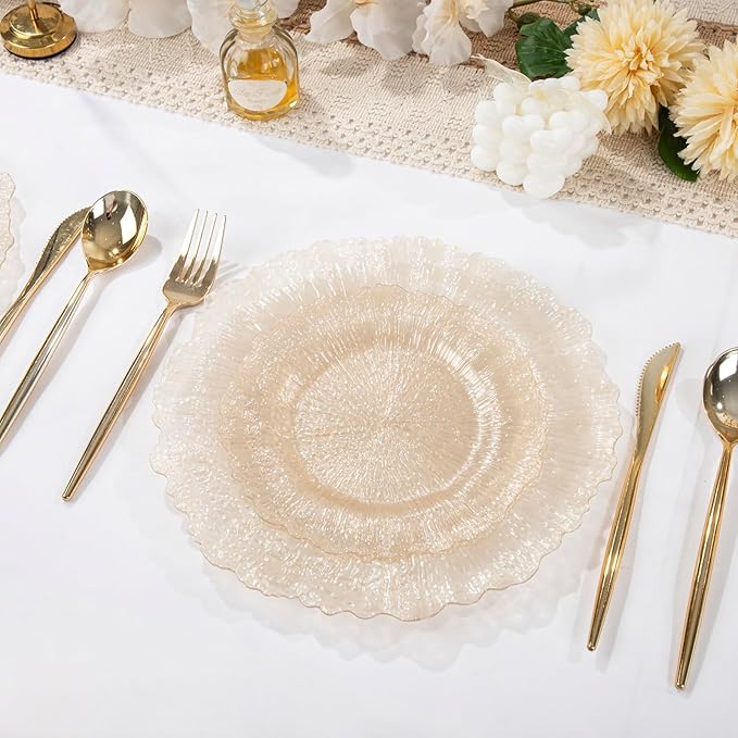 U-QE 60PCS Clear Coffee Plastic Plates - Clear Brown Plastic Plates Disposable Heavy Duty - Disposable Plates for Party Including 30PCS 10'' Dinner & 30PCS 7'' Dessert