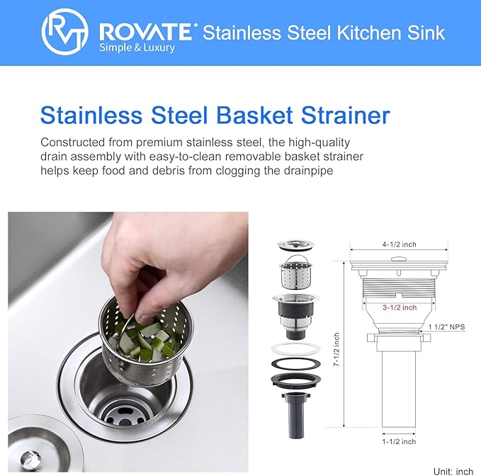 ROVATE 22x18 inches Drop-in Kitchen Sink Single Bowl Stainless Steel with 1 Hole, Handmade Topmount Kitchen Sink with Basket Strainer