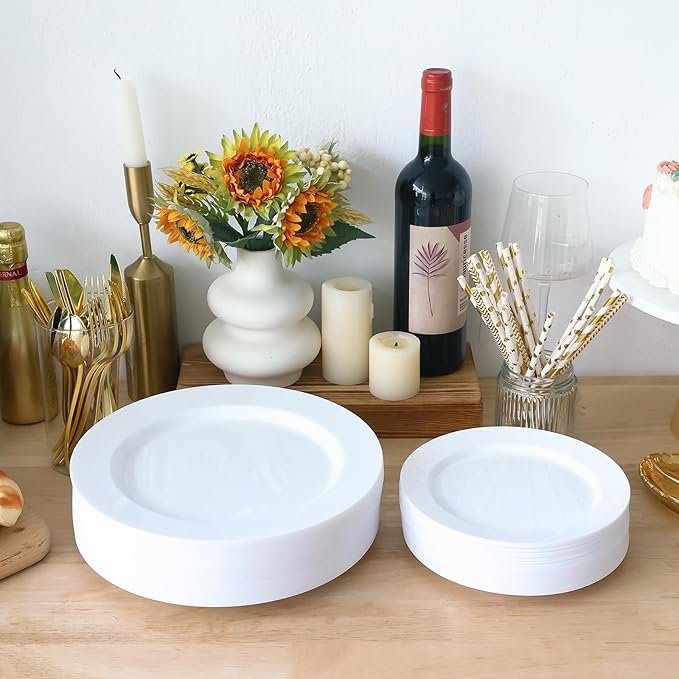 Moretoes 100PCS White Plastic Plates Disposable 10.25inch Dinner Plates and 7.5inch Dessert Salad Plate Heavy Duty Plate for Wedding Party and Birthday