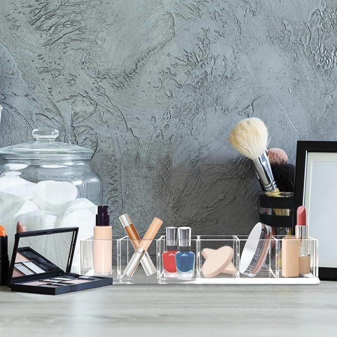 Nsmykhg 4 Pack Clear Acrylic Makeup Compact Organizer - 6 Slots Vanity Organizer for Eyeshadow Palette, Lipstick & Cosmetics, Drawer Makeup Organizer Holder (10 x 3.5 x 1.9 inches)