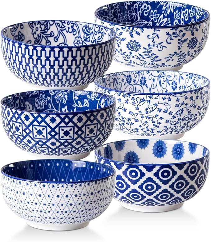 Ceramic Soup Bowls Set - 23 Oz Deep Cereal Bowl for kitchen - 6 Inch Porcelain Salad Bowl for Pasta, Dessert, Ramen - Microwave Dishwasher Safe - Set of 6 - Vintage Blue
