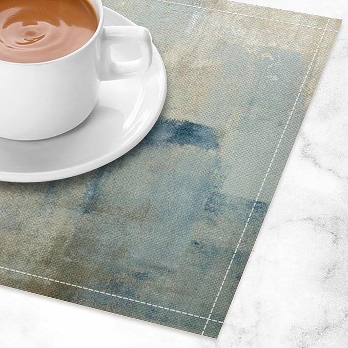 Gradient Placemat Set, Modern Minimal Fashion Abstract Beige Brown Blue Art Oil Painting Brush Strokes Patchwork Pattern Home Decor Linen Table Mats for Dining Room Kitchen Party (17x12in) x6P