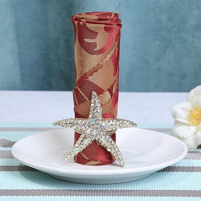 Crystal Starfish Napkin Rings Set of 12 - Rhinestone Coastal Nautical Napkin Ring Holders for Wedding Party, Beach/OceanTheme Dining Table Decoration Accessories (12)