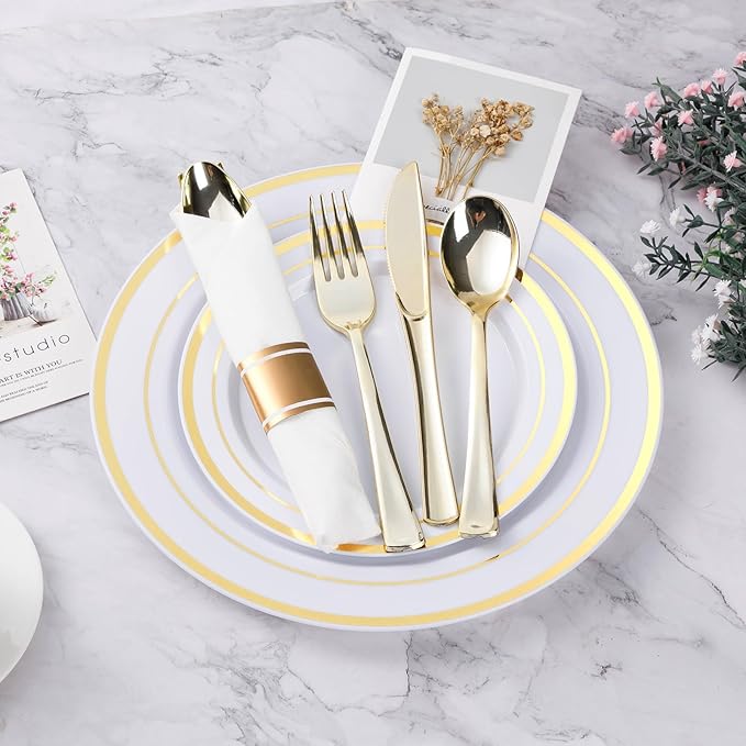 BESTVIP 525PCS Gold Plastic Dinnerware Set for 75 Guests, Disposable Plates for Party, Include: 150 Plastic Plates, 75 Pre Rolled Napkins with Gold Silverware, 75 Cups for Christmas, Halloween