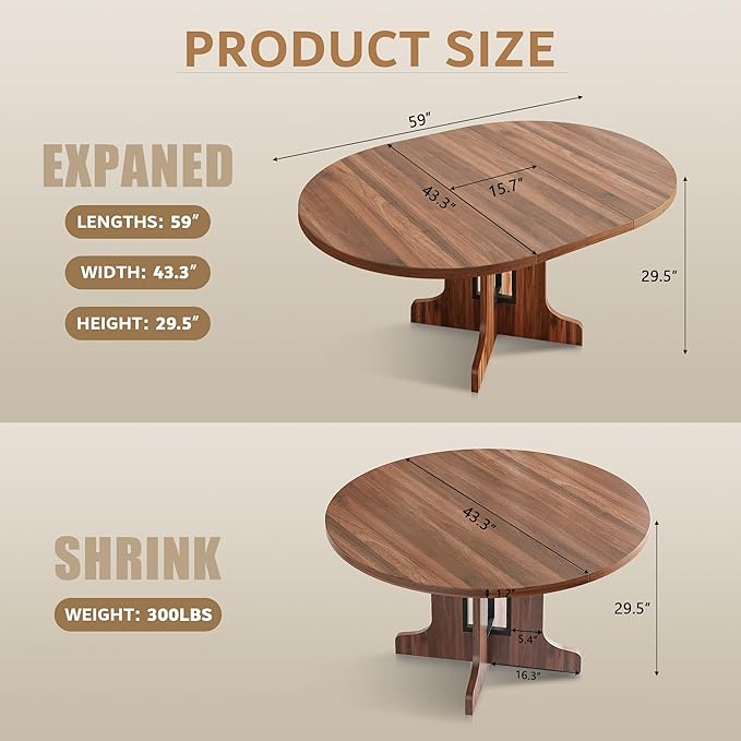 iPormis 59" Round Extendable Dining Table for 4-6, Modern Kitchen Table with Heavy Duty Pedestal Base & Wooden Top, Oval Dining Room Table for Dining Living Room, Easy Assembly, Walnut