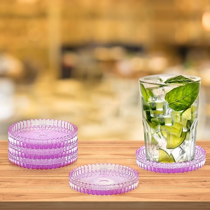 JUXYES 8 Pack Clear Purple Crystal Coasters Round Cup Mat, Glass Coasters for Drinks Coffee Tea Wine, Decorative Wine Bottle Coaster, Crystal Drink Coasters for Restaurant bar Kitchen Dining Table