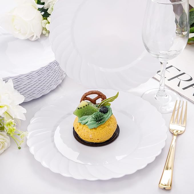 U-QE 100 Pieces White Plastic Plates - 9 Inch White Disposable Plates - Washable & Reusable - Premium Hard Plates - Party Supplies for Party, Celebrations, Travel, Wedding, Party and Events