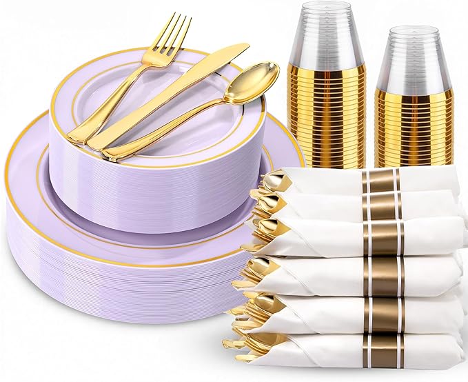 175PCS Purple Plates Disposable - Lavender Plastic Plates 25Guests Plastic Dinnerware with Rolled Napkins for Birthday/Spring/Baby Shower/Easter