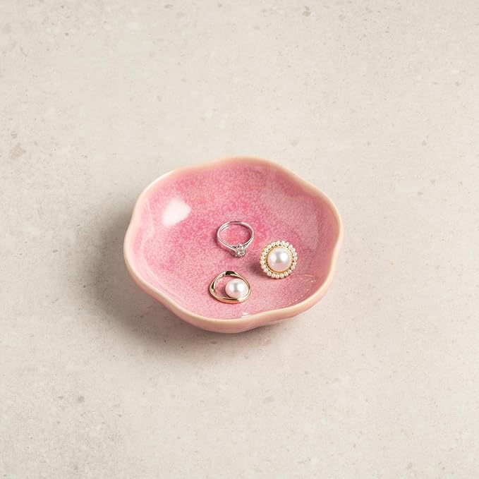 Ceramic Jewelry Tray Ring Holder Dish Floral Trinket Bowl for Women Girls Jewelry Organizer for Vanity Dresser Decor Wedding Birthday Gift for Her (pink)