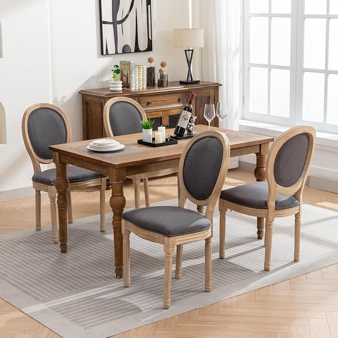 Ball & Cast French Vintage Upholstered Dining Chairs Set of 2, Farmhouse Antique Painting Wooden Kitchen Side-Chairs with Carved Solid Wood Frame, 2-Piece Curved Backrest Louis Chair, Linen Gray