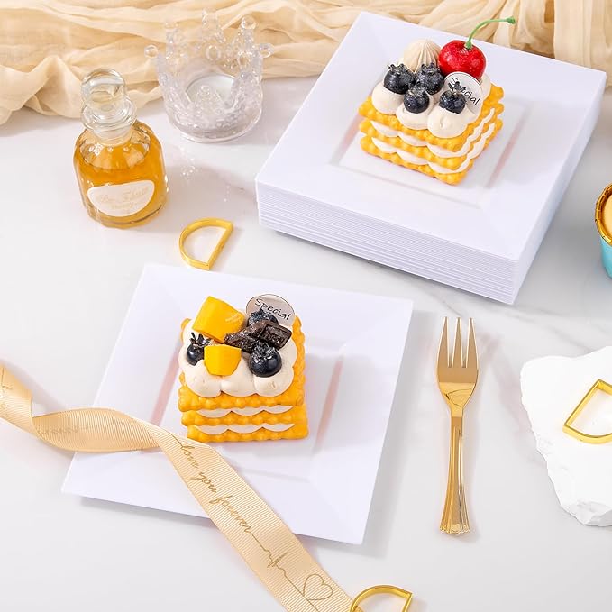 supernal 200Pcs White Dessert Plates,White Disposable Square Plates for 100 Guests, Including 100 Plastic Appetizer Plates and 100 Dessert Forks for Party Valentine's Day Afternoon tea