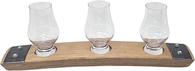 Premium Barrel Stave Whiskey Flight, includes 3 Crystal Glencairn Glasses (Natural with Glass)