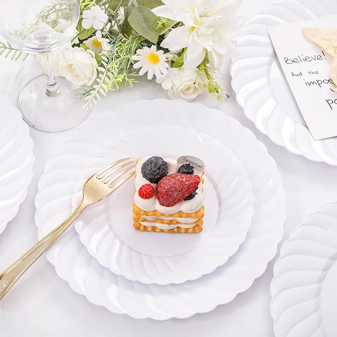 U-QE 100 Pieces White Plastic Plates - 9 Inch White Disposable Plates - Washable & Reusable - Premium Hard Plates - Party Supplies for Party, Celebrations, Travel, Wedding, Party and Events