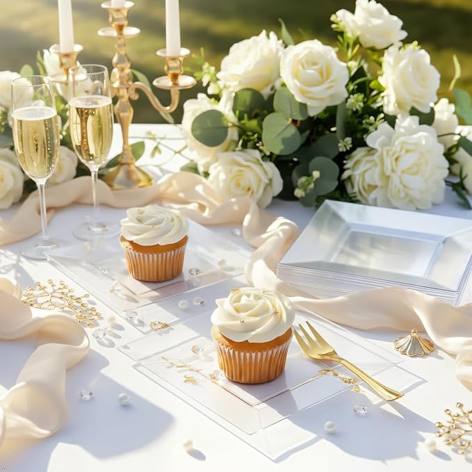 200pcs Square Dessert Plates Includ 100pcs 6inch Appetizer Plates,100pcs 5inch Plastic Forks,Clear Dessert Plates Disposable Appetizer Plates Serve 100 Guests For Wedding Party&Valentine's Day