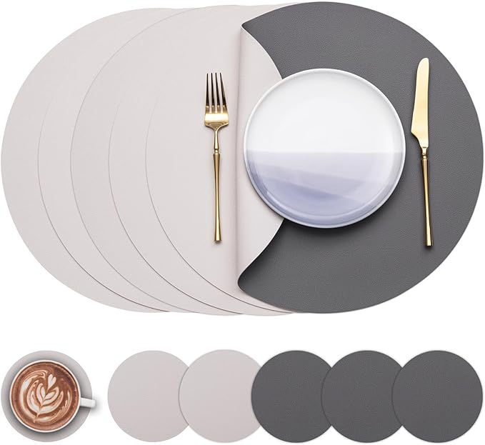 Myir JUN Round Placemats Set of 6 Faux Leather Place Mats and Coasters 15 inch Round Table Mats Dual Sided Non-Slip Stain Resistant Placemats (Gray & Beige, Set of 6)