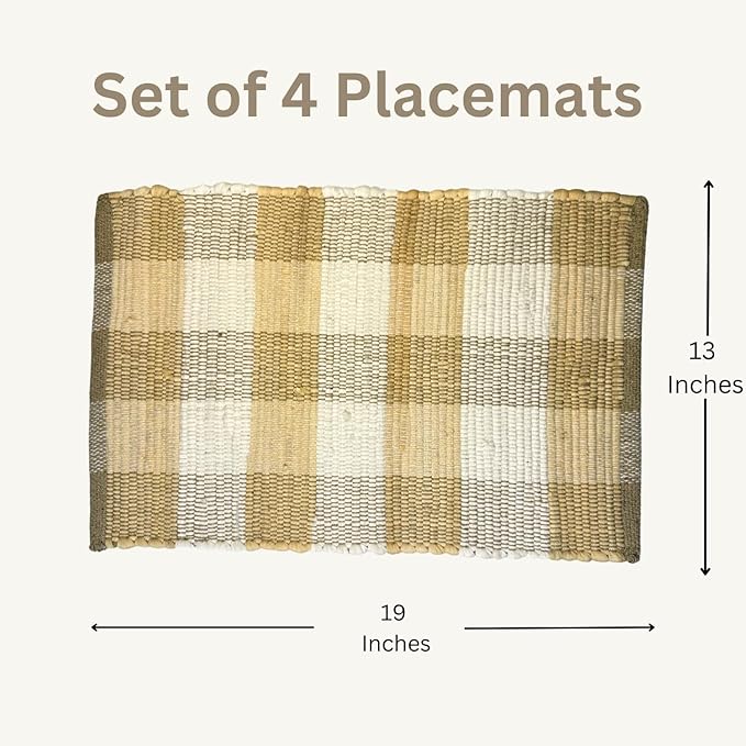 Perilla Home Cotton Placemat Set of 4 Table Mats for Kitchen Dining Home Decor Vintage Boho Rectangle Placemats (Beige and White 13"x19")