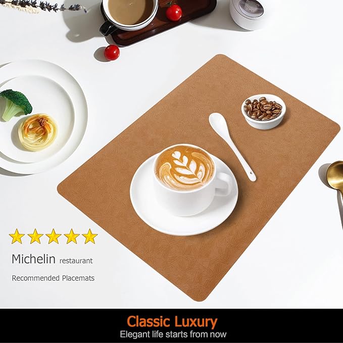 Vinyl Placemats Set of 12 Faux Leather 100% Waterproof Wipeable Washable Place Mats Heat Resistant Easy Clean Non-Slip Table Mats for Indoor Outdoor. (12, Brown)