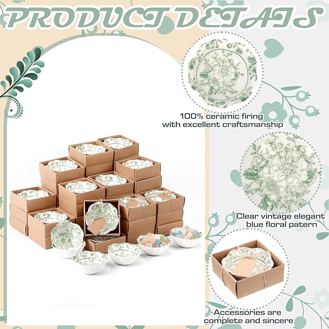 48 Pcs Wedding Favors for Guests Small Ceramic Bowl Bulk Gifts Set 3.3 Inch Floral Design Mini Dipping Sauce Dish with Card Box for Bridal Pooja Baby Shower Birthday Guest Gift (Sage Green)