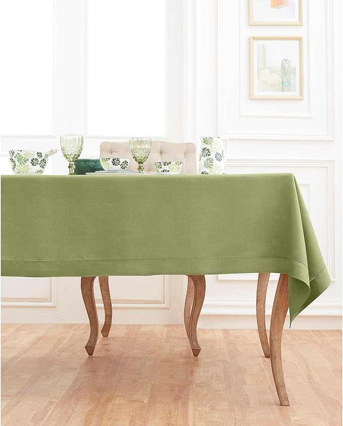 Solino Home Linen Tablecloth 60 x 144 Inch - Classic Hemstitch 100% Pure Linen Moss Green Table Cloth for Rectangle Tables - Machine Washable Tablecloth for Winter, Spring, St Patricks Day, Easter