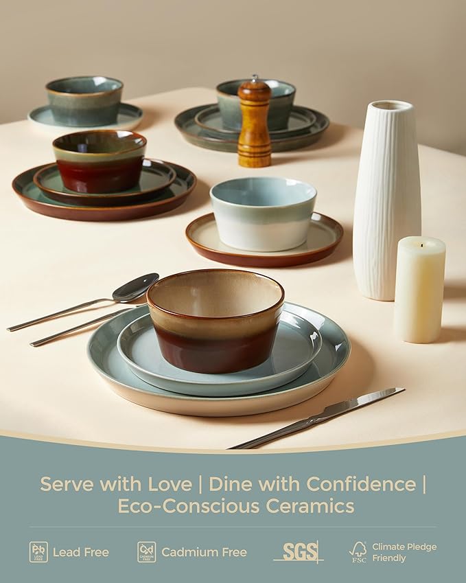 Dinnerware Sets for 8, Ceramic Plates and Bowls Set, Modern Artisan Dish Set, Microwave & Dishwasher Safe Dishware Set, Chip & Scratch Resistant Dinner Sets, Gradient Green